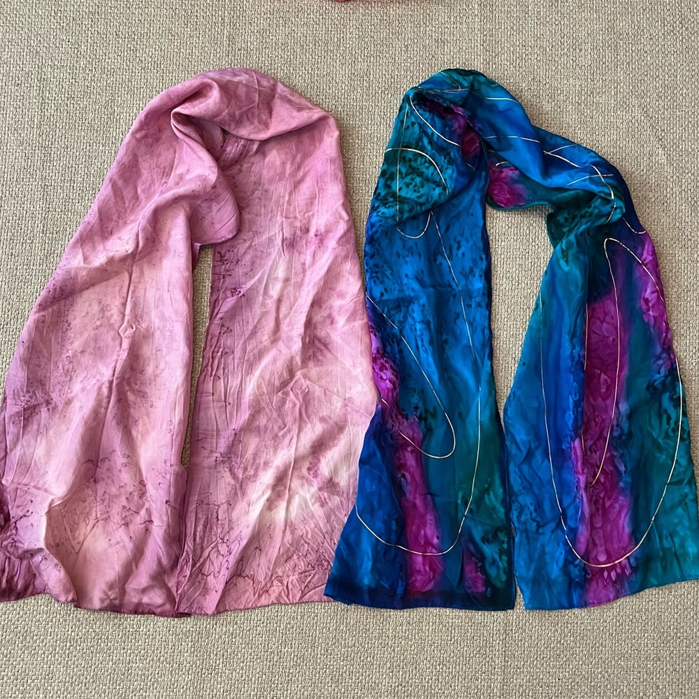 Vintage Silk Scarf Hand Rolled Edges Batik Dyed Rectangular Lot Of 2
